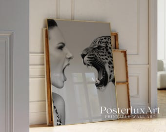 Black and White Woman and Leopard Wall Art Print, image 4