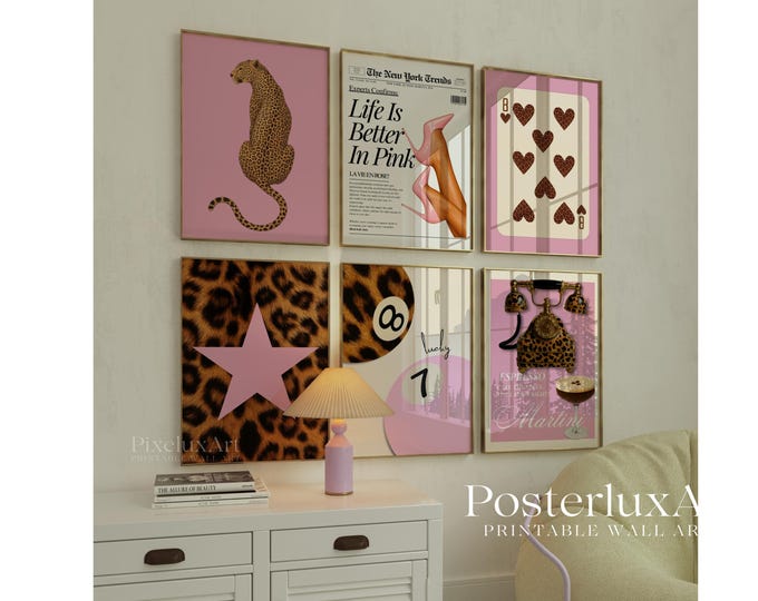 Pink Leopard Wall Art Set of 6, Girly Glam Dorm Decor…