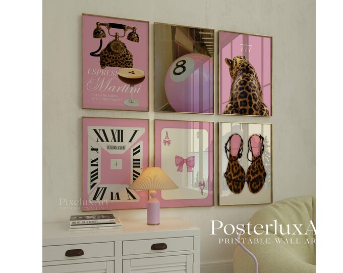 Set of 6 Pink Wall Art Set, Preppy Aesthetic Chic Apartment…