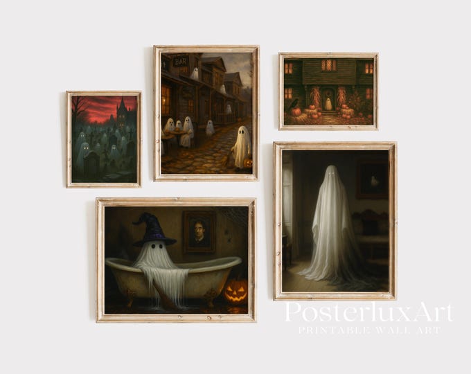 Vintage Haunted Ghost Wall Art Set of 5 | Spooky Halloween…