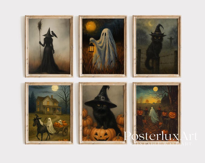 Vintage Halloween Wall Art Set – Vintage Ghosts, Witch Cat…