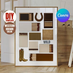 Può includere: Un'opera d'arte incorniciata con una collezione di scatole di fiammiferi, un ferro di cavallo e uno stivale da cowboy dorato. L'opera include il testo "DIY TEMPLATE", "WESTERN BROWN COLOR", "WILD" e il logo Canva. La tavolozza dei colori è principalmente marrone e beige.