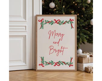 Merry and Bright Christmas Wall Art | Red Green Holiday Printable | Classic Christmas Quote Print | Festive Typography Poster
