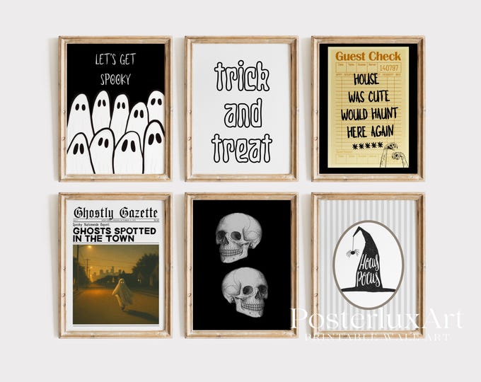 Halloween Wall Art Set of 6 | Spooky Ghost Prints, Skull…