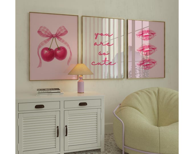 Y2K Pink Bows Wall Art Set – Coquette & College Dorm…