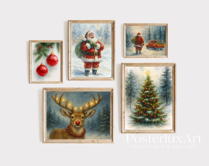 Vintage Christmas Wall Art Set, Seasonal Holiday Prints…