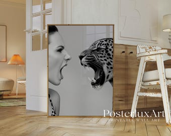 Black and White Woman and Leopard Wall Art Print, image 3