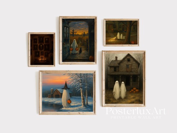 Vintage Halloween Ghost Wall Art Set of 5