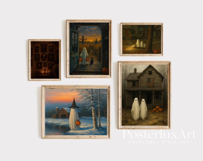 Vintage Halloween Ghost Wall Art Set of 5 | Spooky Haunted…