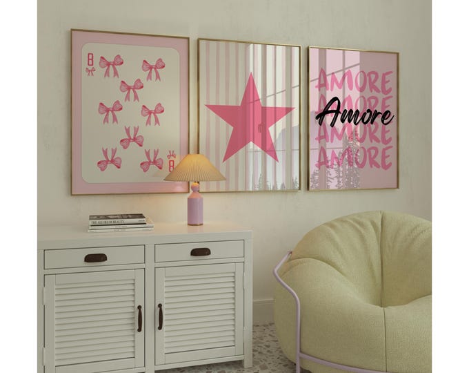 Retro Y2K Pink Wall Art Set – Bow, Coquette & College Dorm…