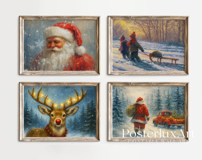 Christmas Wall Art Set | 4 Vintage Holiday Prints | Santa…