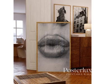 Black and White Kiss Lips Wall Art, image 2