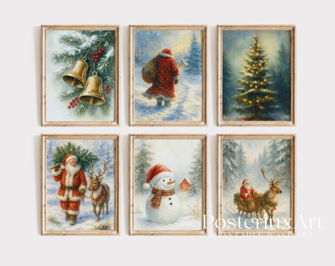 Christmas Wall Art Set of 6 | Santa Claus Paintings | Cozy…