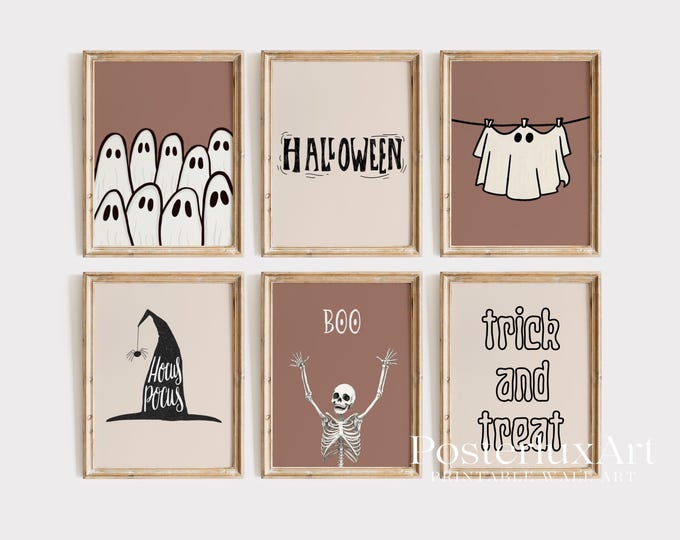 Halloween Wall Art Set of 6 | Neutral Ghost Skeleton Witch…