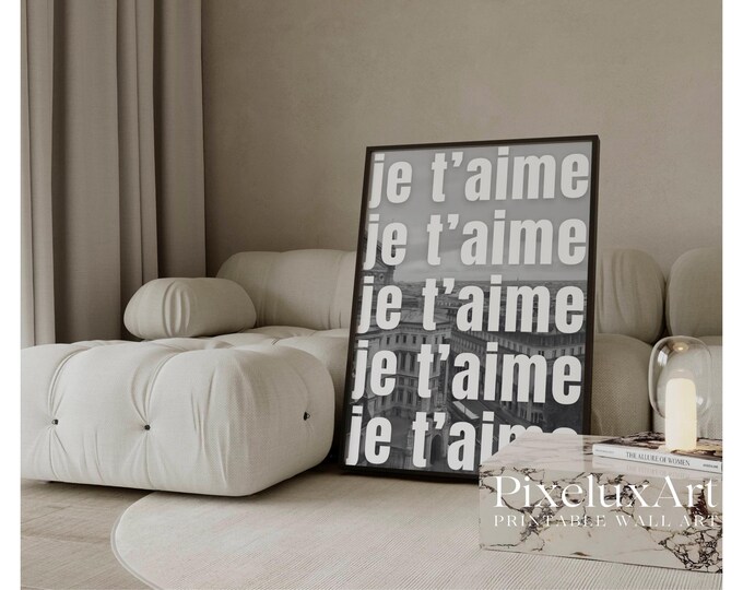 Black And White Je T'aime Typography Print, Modern Collage…