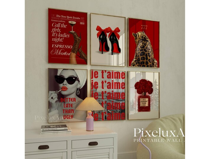 Red Girly Leopard Wall Art Set, Red Y2k Gallery Wall Set…