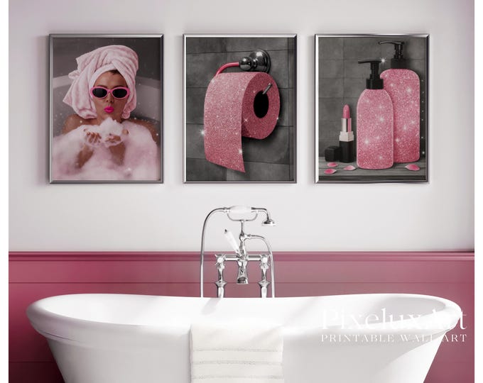 Pink Glam Bathroom Wall Art Set of 3, Glitter Y2K Aesthetic…