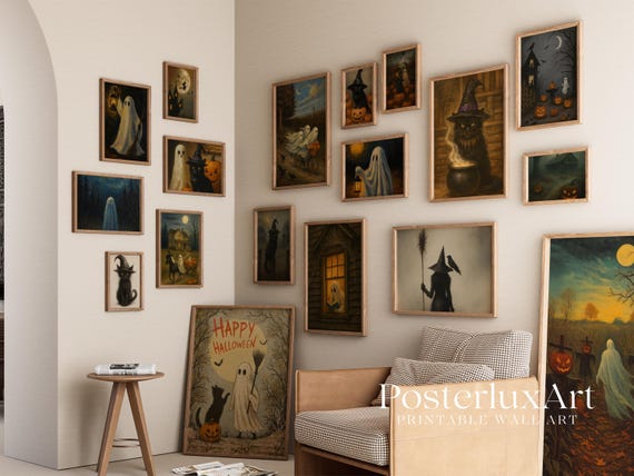 Vintage Halloween Wall Art Bundle Set of 18 Prints