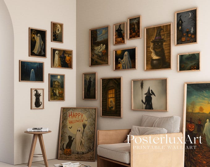 Vintage Halloween Wall Art Bundle Set of 18 Prints – Ghost…