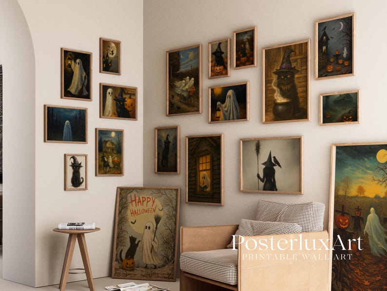 Vintage Halloween Wall Art Bundle Set of 18 Prints