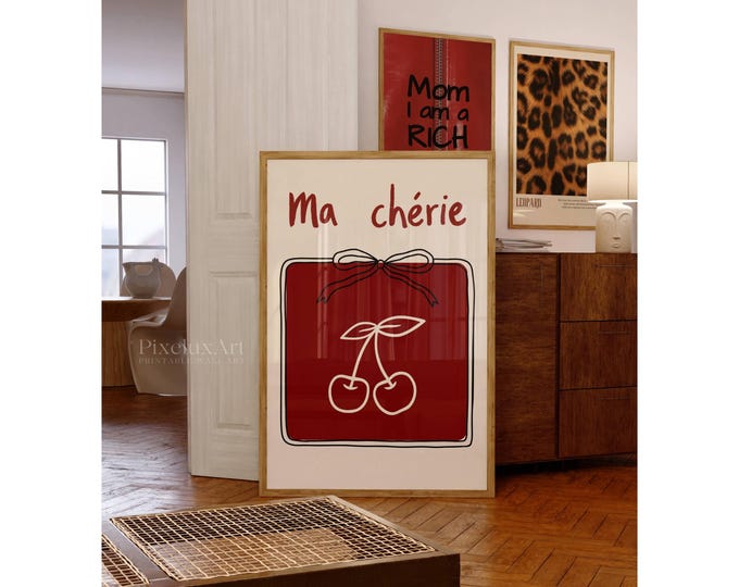 Mon Cheri Poster, Coquette Wall Art, Cute Cherry Print…