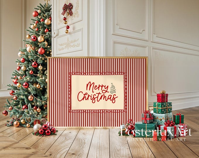 Merry Christmas Wall Art, Red Stripe Christmas Print…