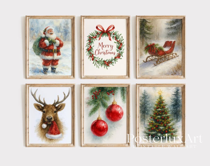 Christmas Wall Art Set of 6 | Santa Claus, Reindeer & Tree…