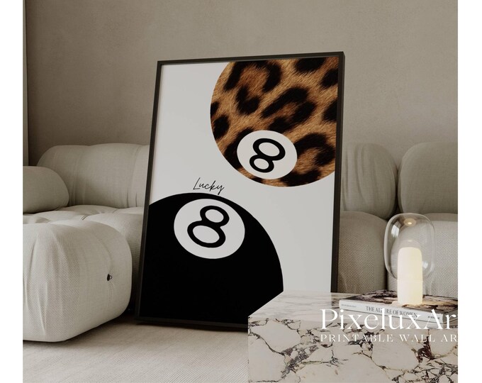Leopard & Black Lucky 8 Ball Print, Retro Y2K Pool Ball…