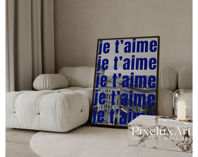 Navy Blue Je T'aime Wall Art, Aesthetic Chic Apartment…