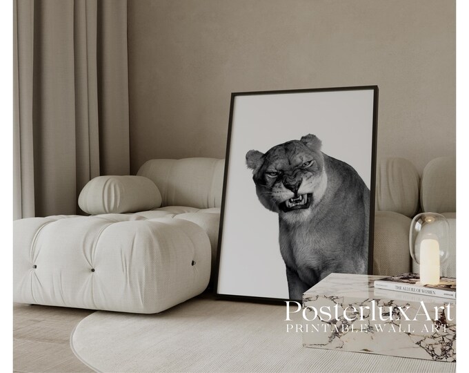 Black White Lion Wall Art Print, Modern Black and White…