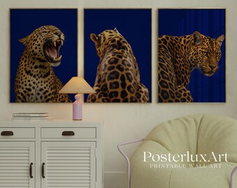 Set of 3 Navy Blue Leopard Wall Art, image 2