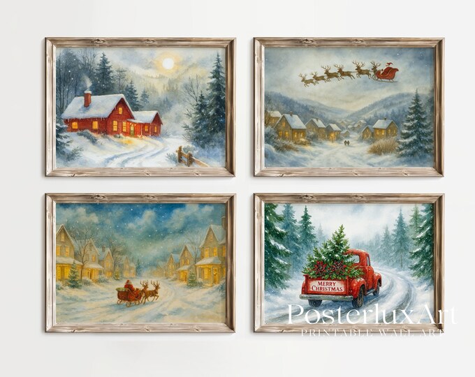 Christmas Wall Art Set | 4 Printable Holiday Posters | Cozy…