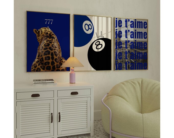 Navy Blue Leopard Wall Art Set, Aesthetic Chic Apartment…