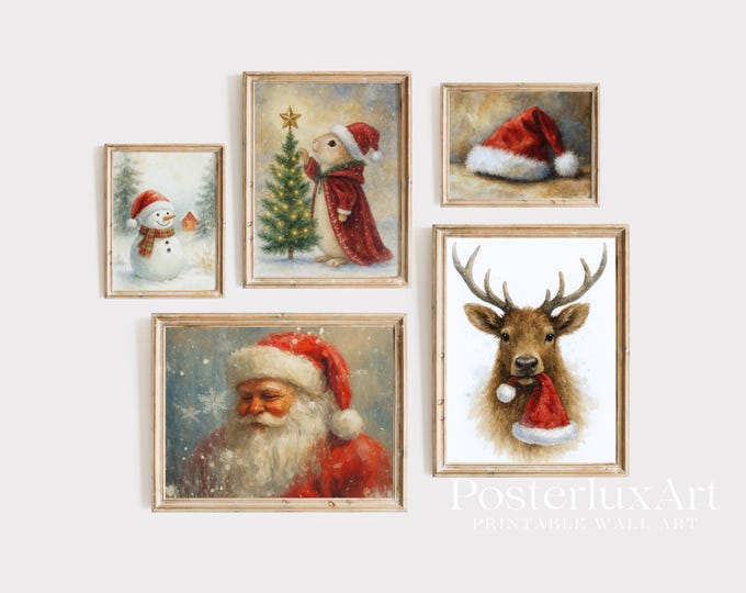 Christmas Wall Art Set | 5 Santa & Reindeer Prints…