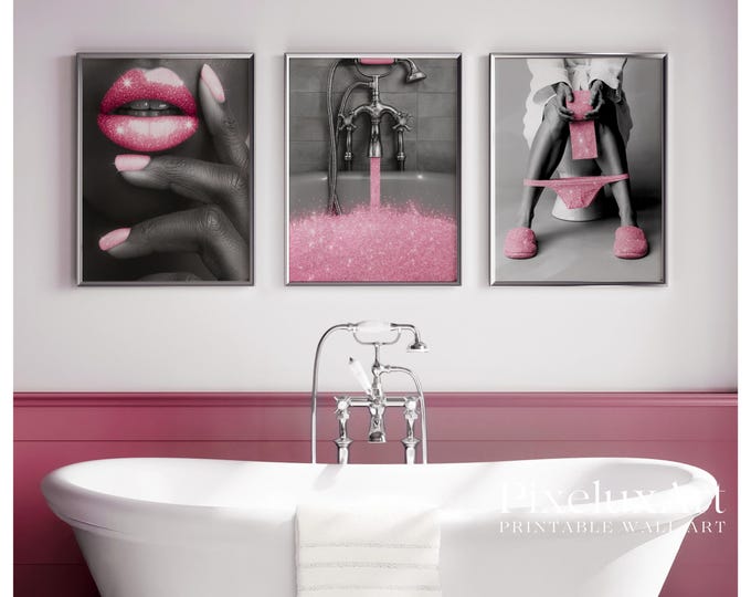 Pink Glam Bathroom Wall Art Set of 3, Modern Girly Glitter…
