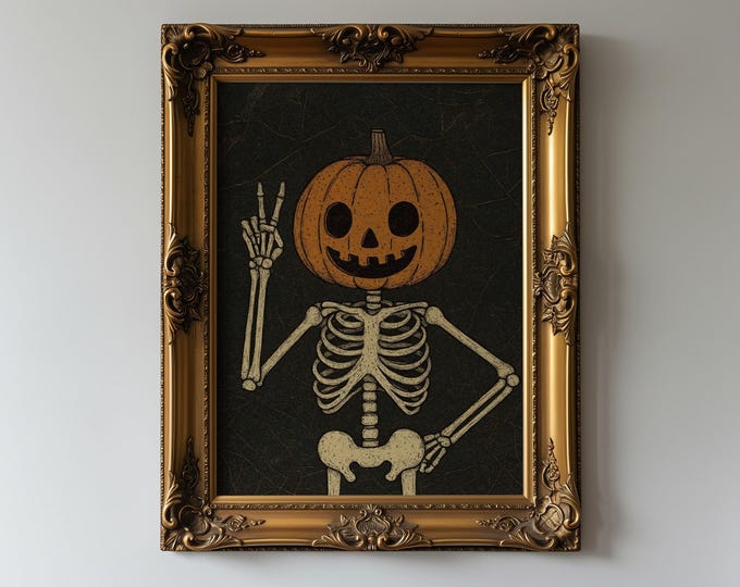 Pumpkin Skeleton Halloween Wall Art, Minimalist Halloween…