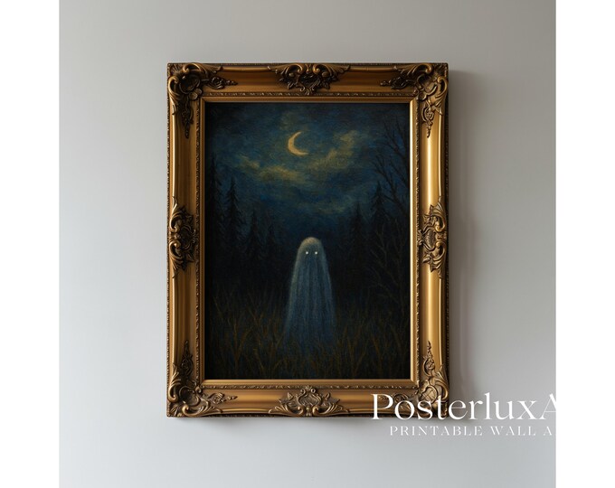 Ghost in Dark Forest Wall Art, Spooky Halloween Night…