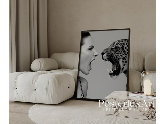 Black and White Woman and Leopard Wall Art Print