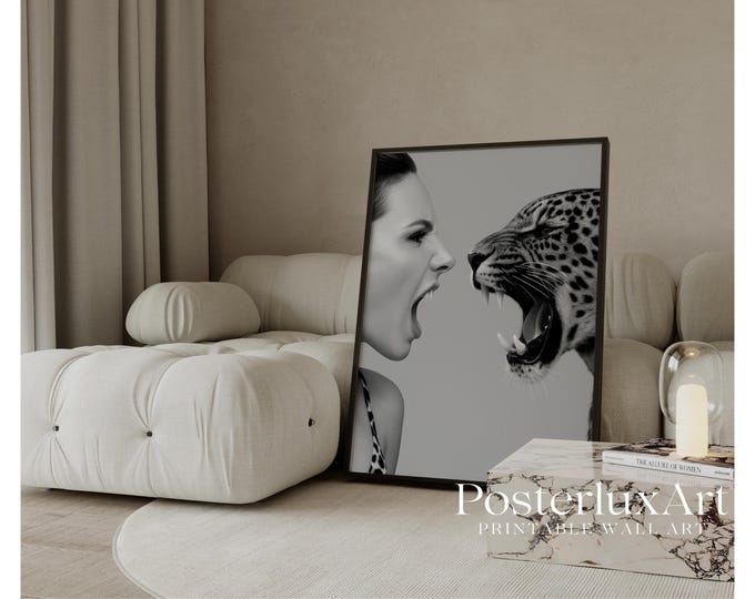 Black and White Woman and Leopard Wall Art Print, Stockholm…