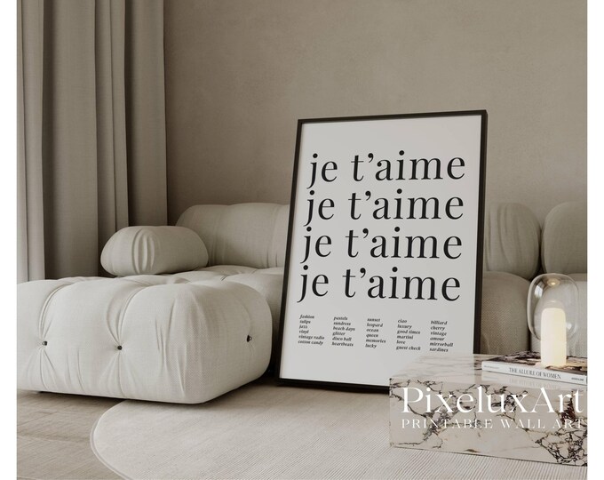 Je T’aime Wall Art, French Quote Typography Print, Black…