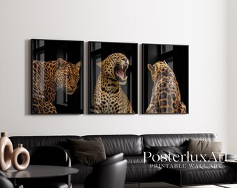 Set of 3 Black Leopard Wall Art, image 1