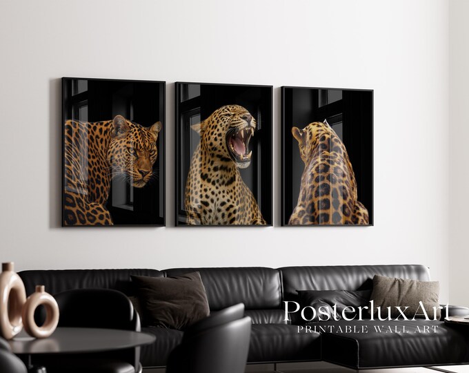 Set of 3 Black Leopard Wall Art, Black Cheetah Wall Art…