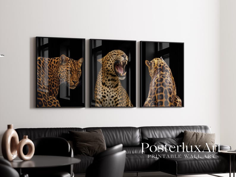 Set of 3 Black Leopard Wall Art