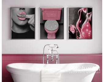 Pink Glam Bathroom Wall Art Set, image 1