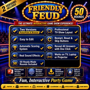 Puede incluir: Una plantilla digital de programa de juegos Friendly Feud con 50 rondas, dos versiones para PowerPoint y navegador, puntuaci&oacute;n autom&aacute;tica, efectos de sonido y un dise&ntilde;o de televisi&oacute;n profesional con iconos de control integrados.