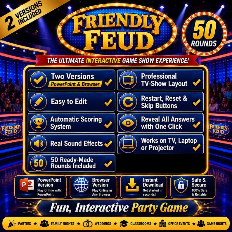 Puede incluir: Una plantilla digital de programa de juegos Friendly Feud con 50 rondas, dos versiones para PowerPoint y navegador, puntuaci&oacute;n autom&aacute;tica, efectos de sonido y un dise&ntilde;o de televisi&oacute;n profesional con iconos de control integrados.