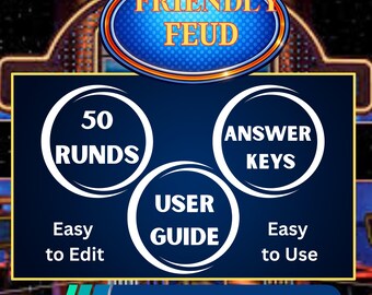 Puede incluir: Gráfico digital para el juego "Friendly Feud", con un diseño azul y dorado. La imagen muestra texto como "50 RUNDS", "ANSWER KEYS" y "USER GUIDE". Texto adicional dice "Easy to Edit", "Easy to Use" y "AUTOMATIC SCORING".