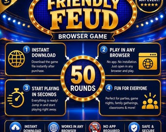 Juego de preguntas y respuestas amigable y editable / Estilo Family Feud / Puntuación automática personalizable para concursos / Noche de juegos interactiva / Adultos, niños y familias