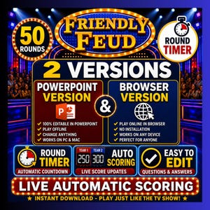 May include: A digital game graphic titled Friendly Feud with 50 rounds and a round timer. It features two versions: a PowerPoint version for offline use and a browser version for online play. Includes features like auto scoring, live score updates, and editable questions and answers.