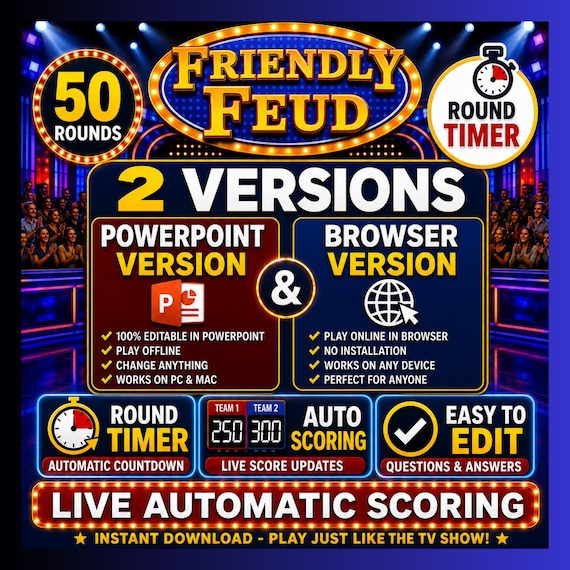 Friendly Feud Family Game Night, Editable PowerPoint and Browser Game Show with Auto Score, Party Games for Adults & Families, No PowerPoint